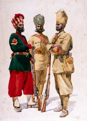 Soldater från 43:e Erinpura-regementet, 44:e Merwara-infanteriet och 108:e infanteriet, illustration för 